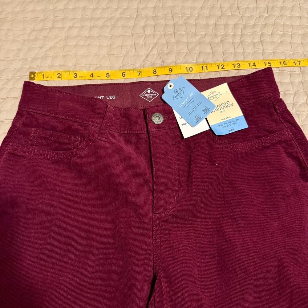 St. John’s Bay NWT women’s burgundy straight corduroy pants. Midrise. Size 10. - Picture 4 of 9